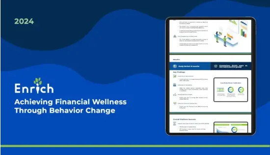 A digital report on a tablet displays Enrichs 2024 financial wellness guide with charts and key findings on a blue background.