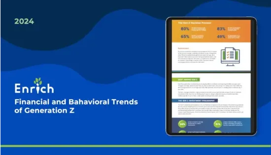 Tablet displaying a financial report next to text: 2024 Enrich Financial and Behavioral Trends of Generation Z.
