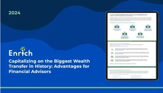 Tablet displaying a financial guide; text reads Capitalizing on the Biggest Wealth Transfer in History for advisors.