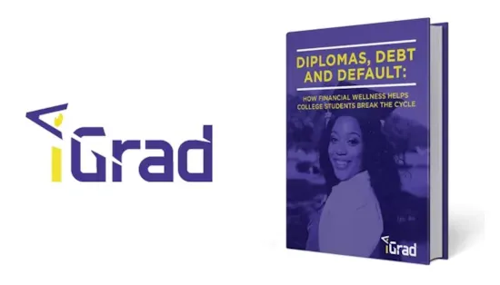IGrad logo and a book titled Diplomas, Debt and Default featuring a smiling woman on the cover.